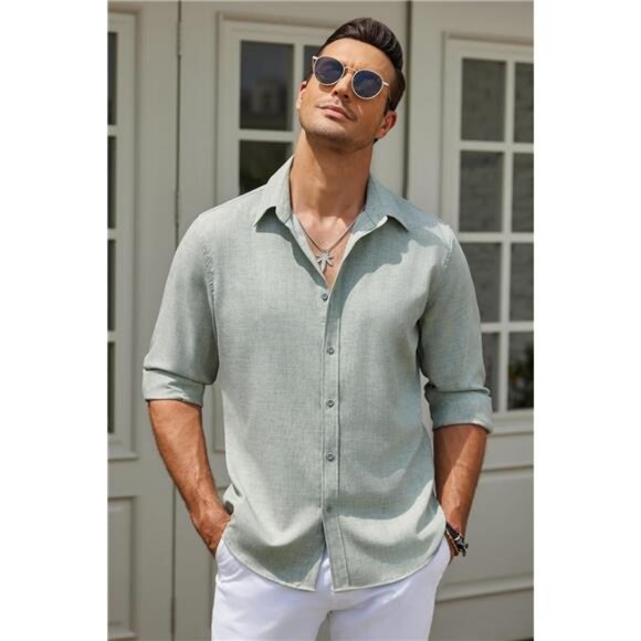 Men's Long Sleeve Button Down Linen Shirt Casual Untucked Chambray Shirt - Picture 2 of 6